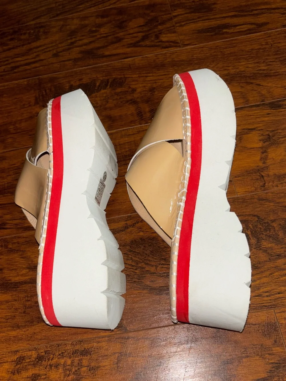 Chocolat Blu Lug Sole Platform Sandal Tan Beige + Red Stripe 3-inch Heel Wedges